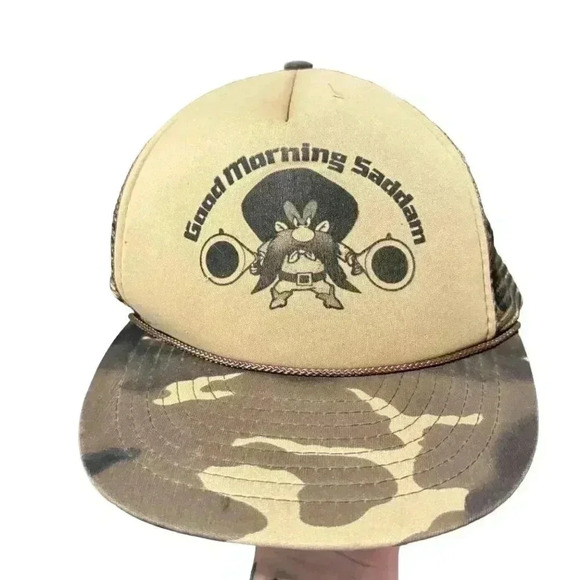 VTG Good Morning Saddam Hussein Trucker hat Yosemite Sam OOAK Camo 90s y2k USA - Picture 1 of 7
